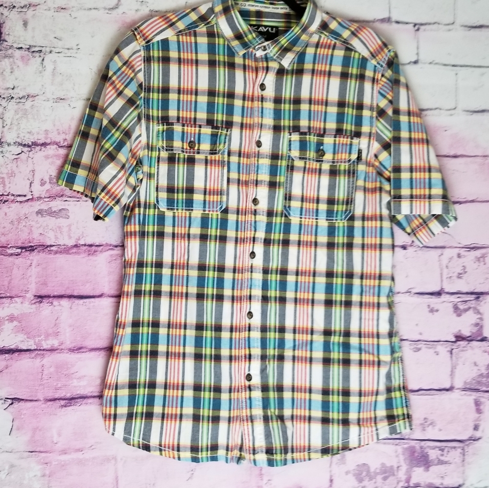 KAVU MEN'S BOLD PLAID BUTTON FRONT CHEST POCKET SHORT SLEEVE SHIRT M